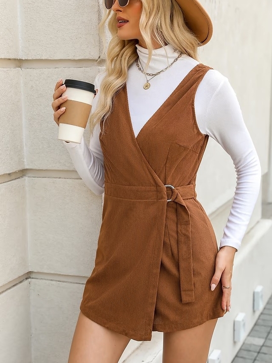 Cupshe Pants - CUPSHE Brown Corduroy Wrap Romper Dress with Tie Waist Size Medium NWOT